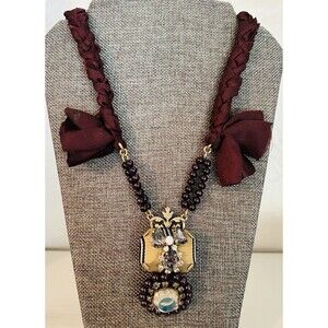 Ann Taylor Loft Statement Hand Made Fabric Chain Necklace Maroon Gold Crystal